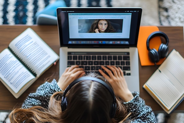 Photo woman using laptop and headphones while studying