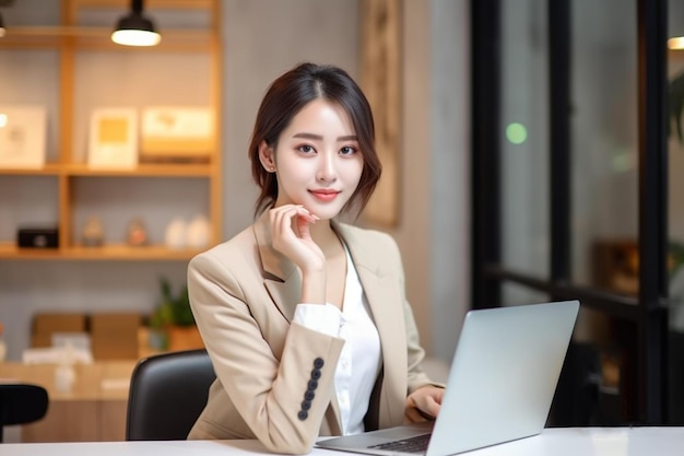 Woman using a laptop office background