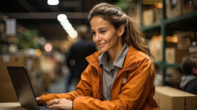 Woman using laptop at warehouse