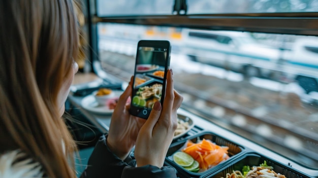 Photo woman using mobile phone taking picture of lunch box bento during travel on train