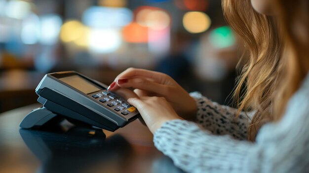 Photo woman using modern payment terminal at table indoors