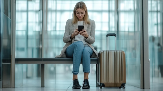 Photo woman using phone at airport