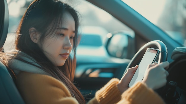 Woman Using Phone While Driving a Car on a Sunny Day