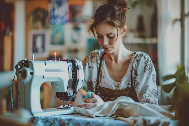 Woman using sewing machine to make clothes