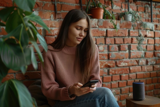 Woman using smart gadgets at home with phone on wall