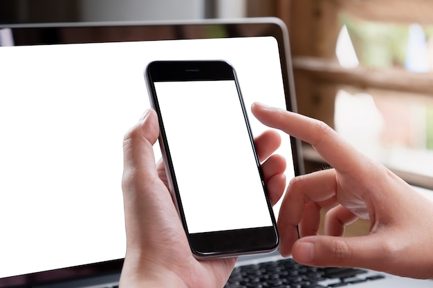 Woman using Smartphone. Blank screen mobile phone for graphic display montage.