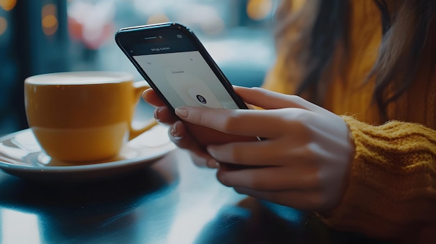 Photo woman using smartphone at a coffee shop