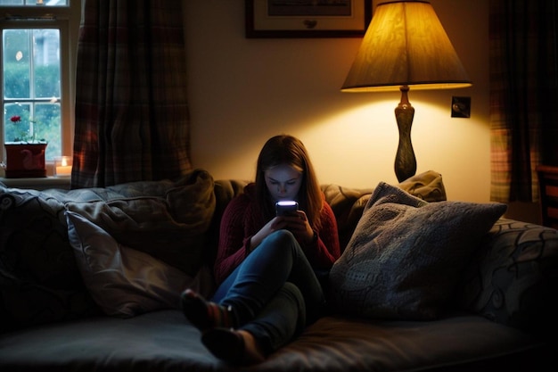 Woman using smartphone on a couch