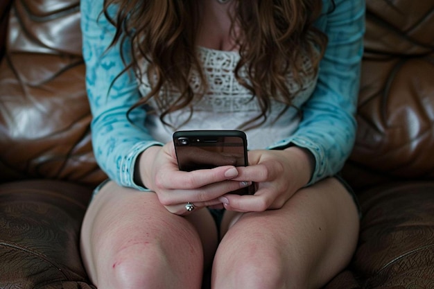 Woman using smartphone on a couch