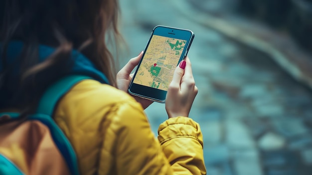 Photo woman using smartphone navigation app while traveling