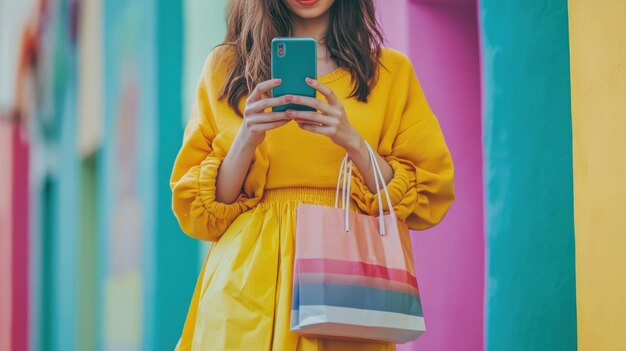 Photo woman using smartphone shopping bag