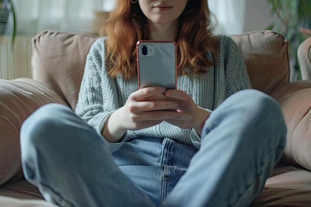 Woman Using Smartphone for Social Media Sitting on Couch