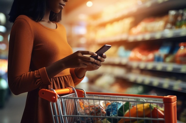 Woman using smartphone while shopping at super market