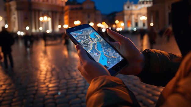 Photo woman using a smartphone with a city map on the background of the night city