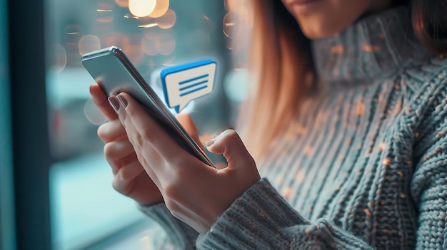 A Woman using smartphone with hand typing social media concept and email icons work from home