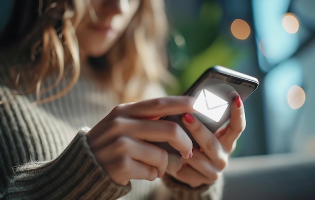 A Woman using smartphone with hand typing social media concept and email icons work from home