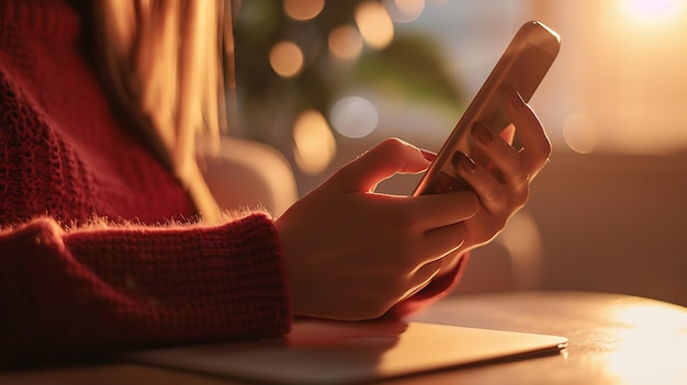 A Woman using smartphone with hand typing social media concept and email icons work from home