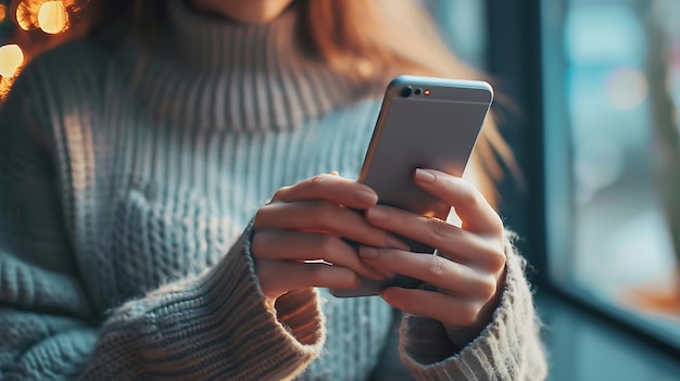 A Woman using smartphone with hand typing social media concept and email icons work from home