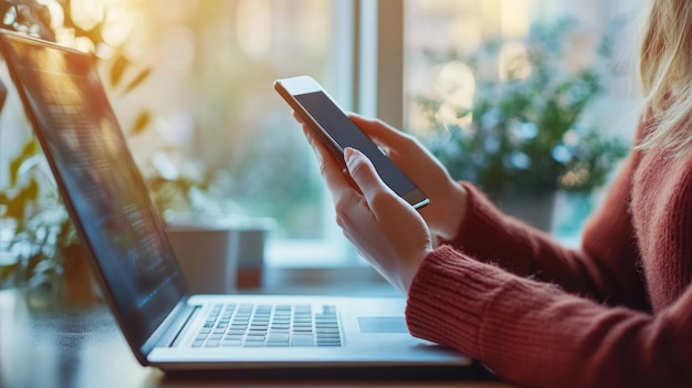 Photo woman using smartphone with laptop in background