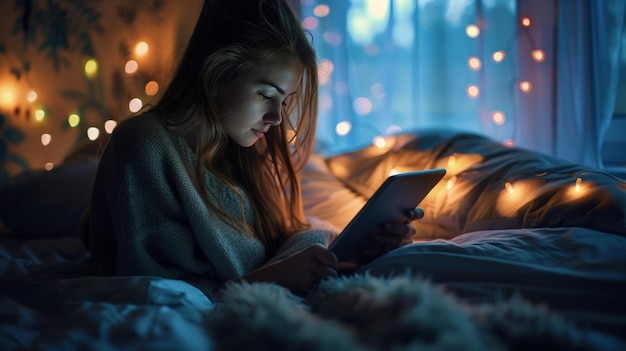 Woman using a tablet in bed at night browsing social media sites