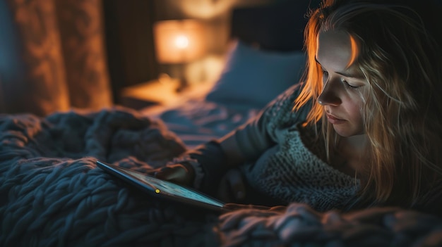 Woman using a tablet in bed at night browsing social media sites