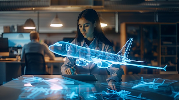 Photo woman using a tablet to design an airplane in a digital workspace