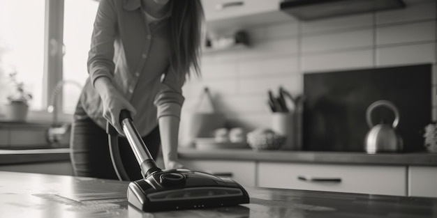 Photo a woman using a vacuum to clean a kitchen counter perfect for household cleaning or domestic chores illustrations