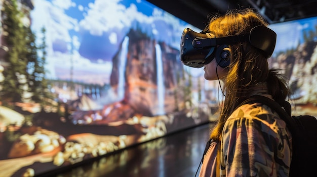 Woman Using Virtual Glasses Looking at Video Screen