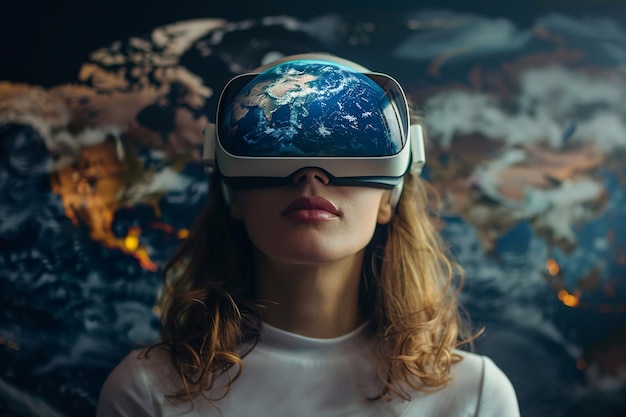 Woman using virtual reality glasses exploring a rotating globe on a digital interface