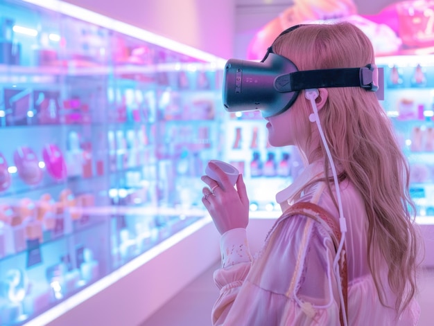 Photo woman using virtual reality headset in a brightly lit store