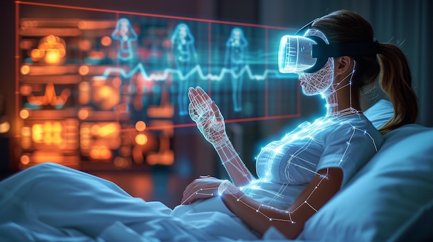 Woman Using Virtual Reality Technology for Telemedicine