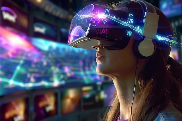 Woman using VR headset in a colorful neon environment experiencing immersive virtual reality and a