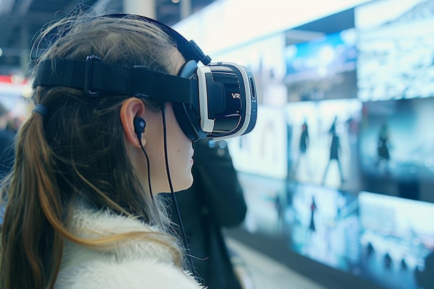 Woman using VR headset in a digital art gallery blending virtual reality with creative expression