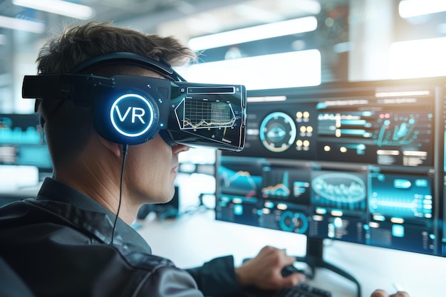 Woman using VR headset in a futuristic space exploring immersive virtual reality and advanced digi