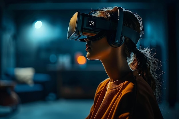 Woman using VR headset in a futuristic workspace highlighting advanced virtual reality technology