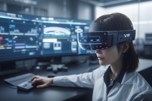 Woman using VR headset in a hightech control room highlighting advanced virtual reality technolog