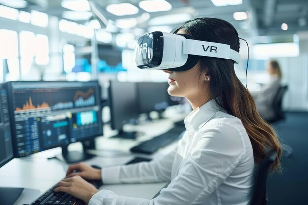 Woman using VR headset in a hightech office exploring advanced virtual reality and innovative dig