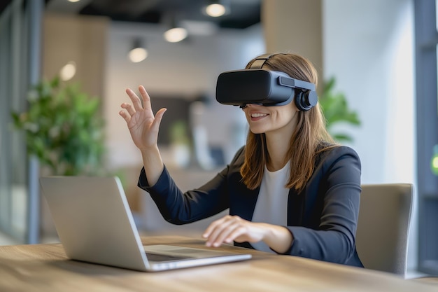 Photo woman using vr headset in modern office interacting with virtual environment and laptop