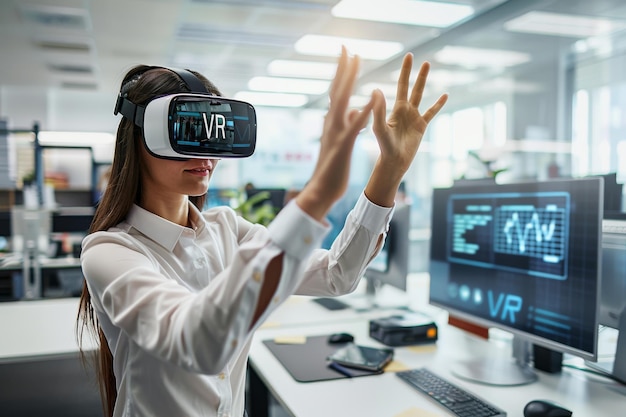 Woman using VR headset in an office interacting with virtual elements for business and creative ta