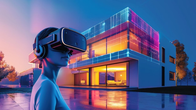 Photo woman using a vr headset standing in front of a modern illuminated house with vibrant neon lights