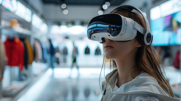 Woman Using VR Headset in Tech Store