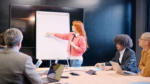 Photo woman using white board during a presentation of a project