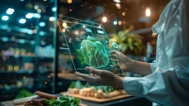 Photo a woman utilizes a futuristic digital tablet with augmented reality features for grocery shopping hi