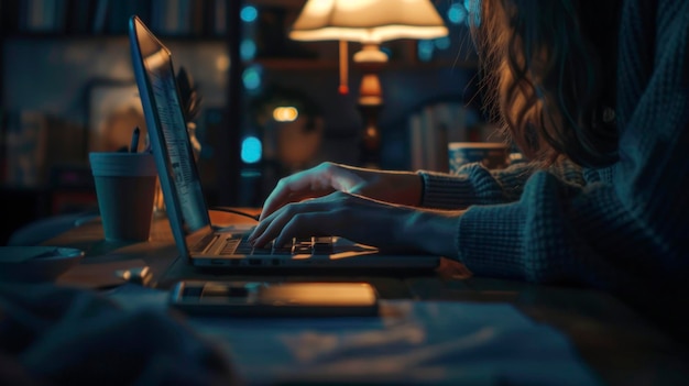 woman utilizes laptop in cozy living room environment engaging in social networking online