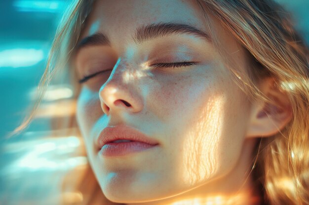 Photo woman utilizing sound waves technology for hearing loss treatment