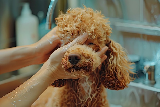 Photo woman vet washes red apricot poodle head with shampoo in professional salon pet grooming in veterinary clinic