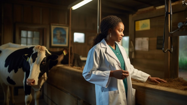 Photo woman veterinarian in white coat beside cows in stable neural network ai generated