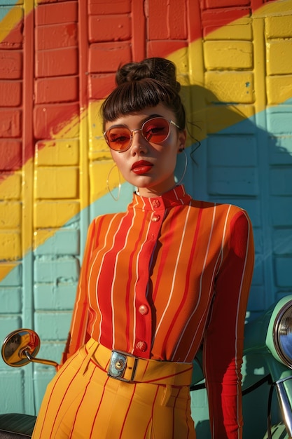 Photo woman in vibrant attire stands against colorful geometric background wall