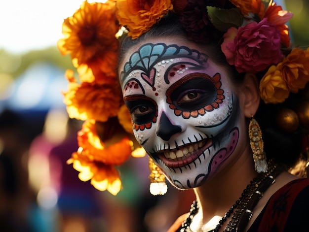 woman in vibrant calavera makeup celebrates the Day of Dead