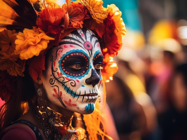 woman in vibrant calavera makeup celebrates the Day of Dead